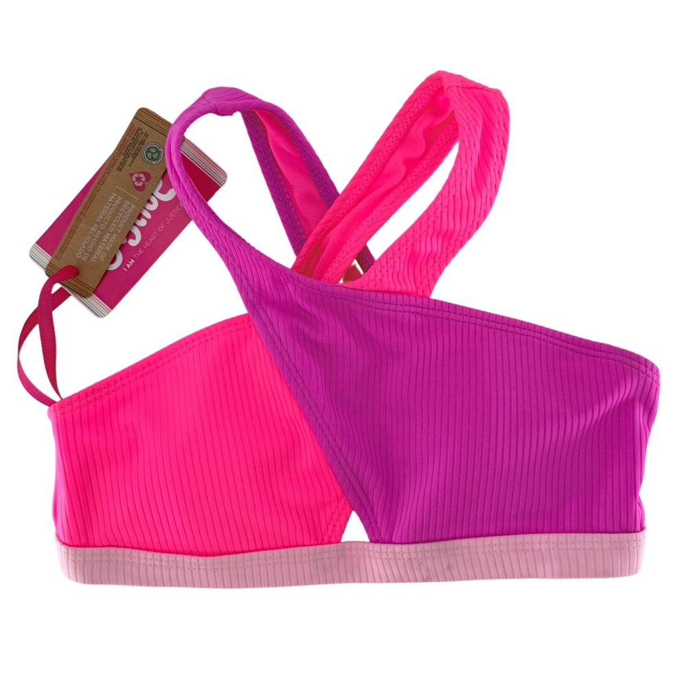 NWT Justice Pink Cross Neck‎ Rib Bikini Top UPF 50+ Girls Kids Size M 10 Flaw